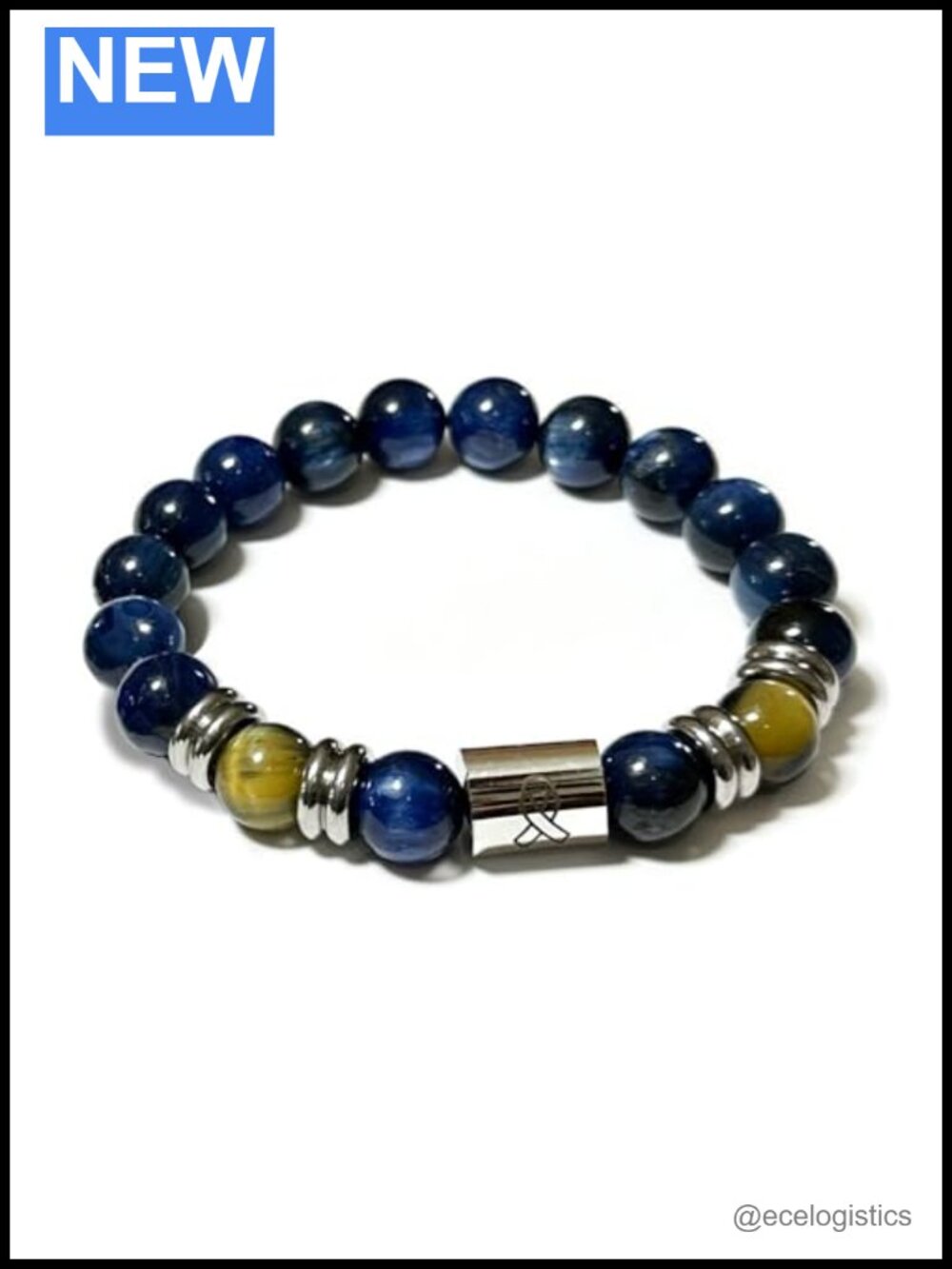 Unisex natural blue kyanite golden tiger eye stretch bracelet stainless